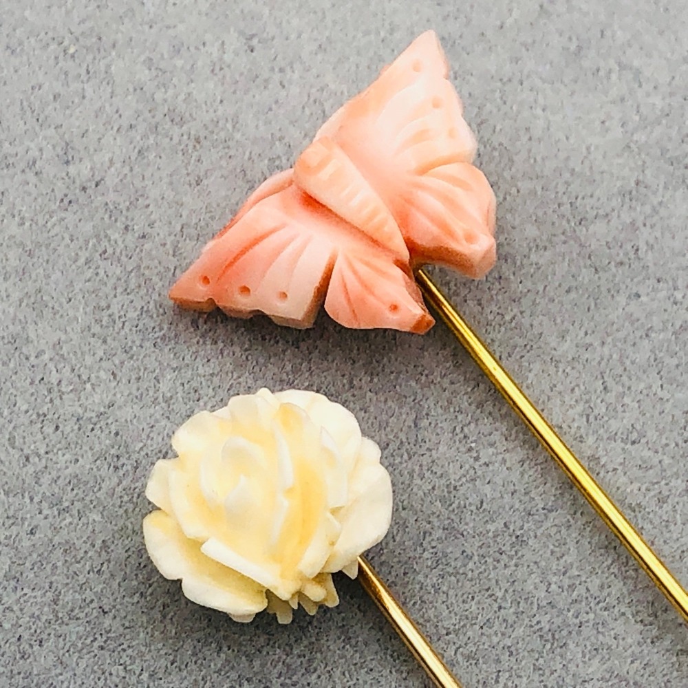 Vintage Carved Shell Stick Pin Set Pink Butterfly White Rose 12K Gold Filled WRE
